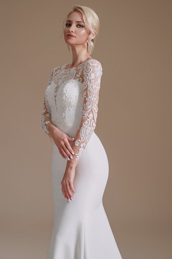 White Mermaid Long Sleeves Sweep Train Wedding Dress with Lace Fashion