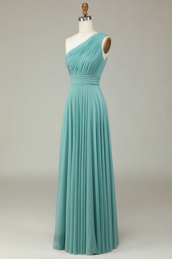 A-Line One Shoulder Sea Glass Long Bridesmaid Dress Online now