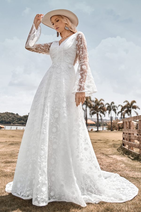 Beauty A Line V Neck Ivory Lace Flare Sleeves Wedding Dress on Sale