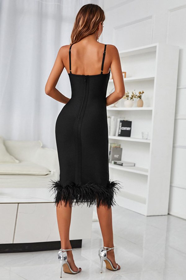 Black Midi Bodycon Party Dress with Feathers For Sale