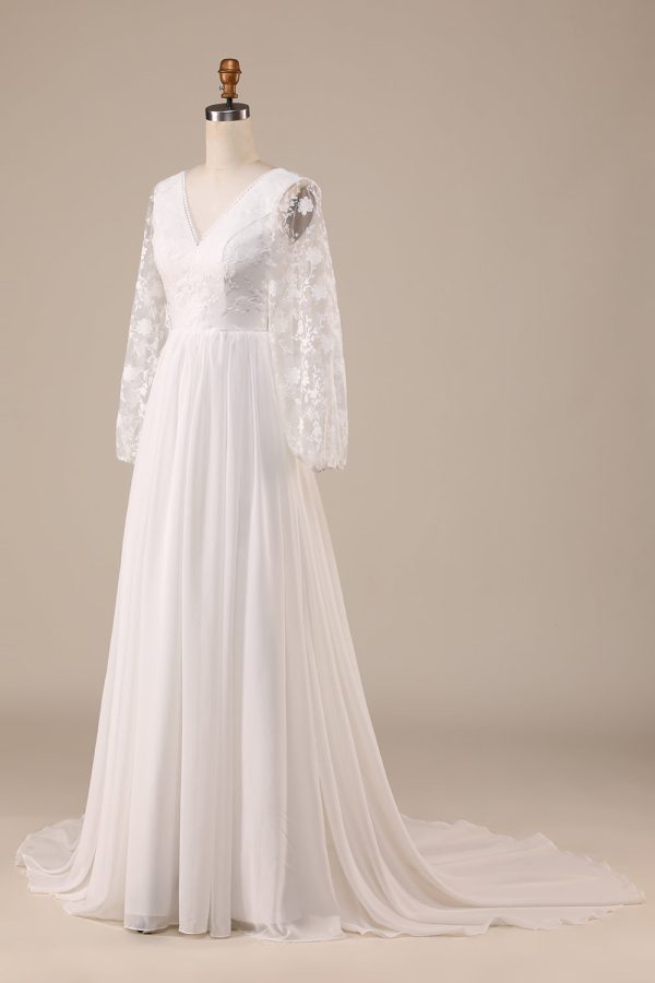 Ivory Chiffon Sweep Train Boho Wedding Dress with Lace Supply