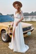 Ivory Lace Chiffon Half Sleeves Boho Wedding Dress With Slit Online now