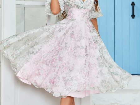 A-Line Off the Shoulder Pink Flower Printed Wedding Guest Dress with Criss Cross Back Sale