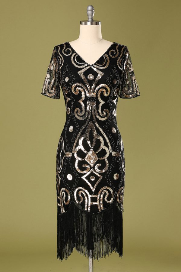 1920s Black Sequins Flapper Dress For Sale