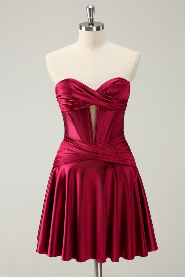 Burgundy A Line Sweetheart Strapless Keyhole Satin Homecoming Dress Hot on Sale