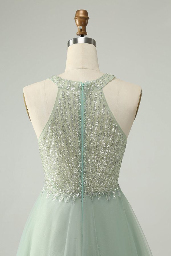 Dusty Green Halter Sequins A Line Homecoming Dress Supply