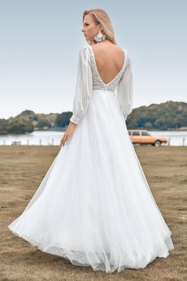 A-Line Tulle Beaded Ivory Wedding Dress with Long Sleeves Hot on Sale