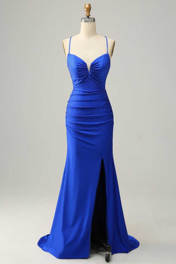 Mermaid Spaghetti Straps Royal Blue Long Formal Dress with Beading Discount