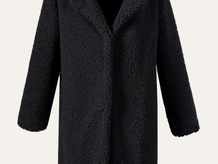 Black Notched Lapel Long Faux Fur Shearling Coat For Sale