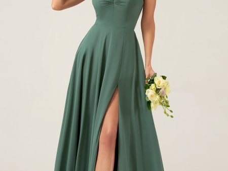 A-Line Spaghetti Straps Backless Pleated Eucalyptus Bridesmaid Dress Sale