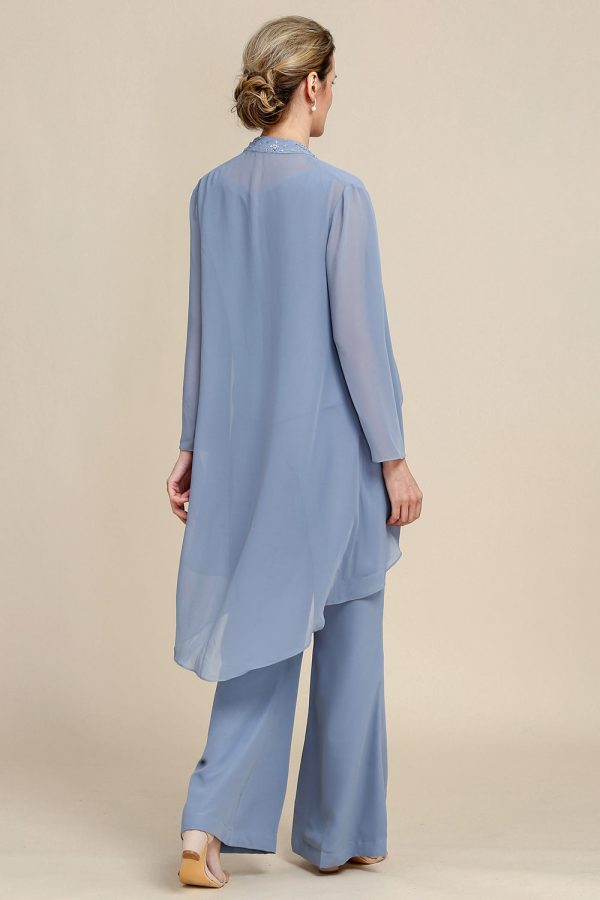 Grey Blue Long Sleeves 3 Piece Mother of the Bride Pant Suits Online Sale