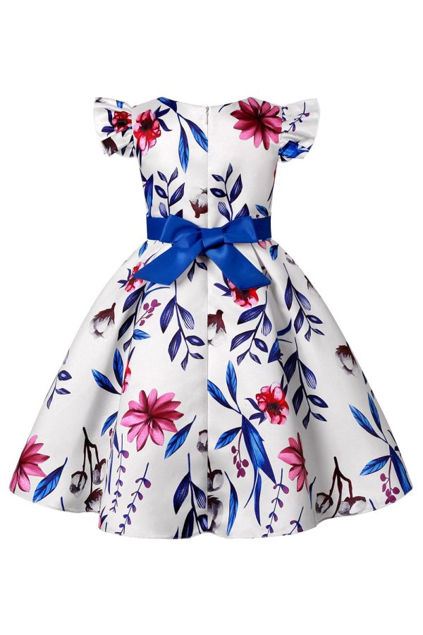 Blue Puff Sleeves Girls  Party Dress with Bowknot Fashion