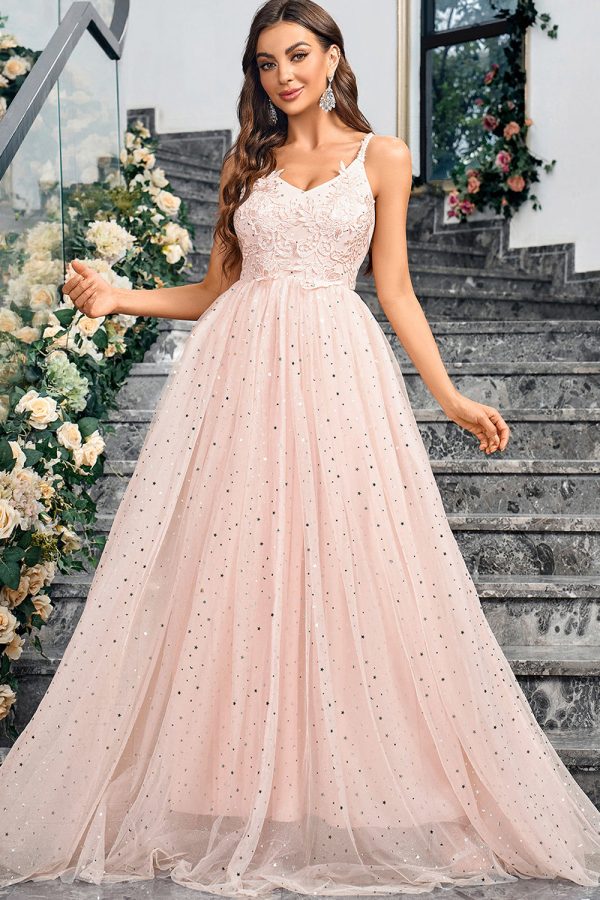 Sparkly Pink A Line Spaghetti Straps Long Prom Dress With Appliques Online Sale