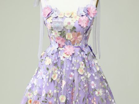 A Line Spaghetti Straps Purple Corset Homecoming Dress with 3D Flowers Supply