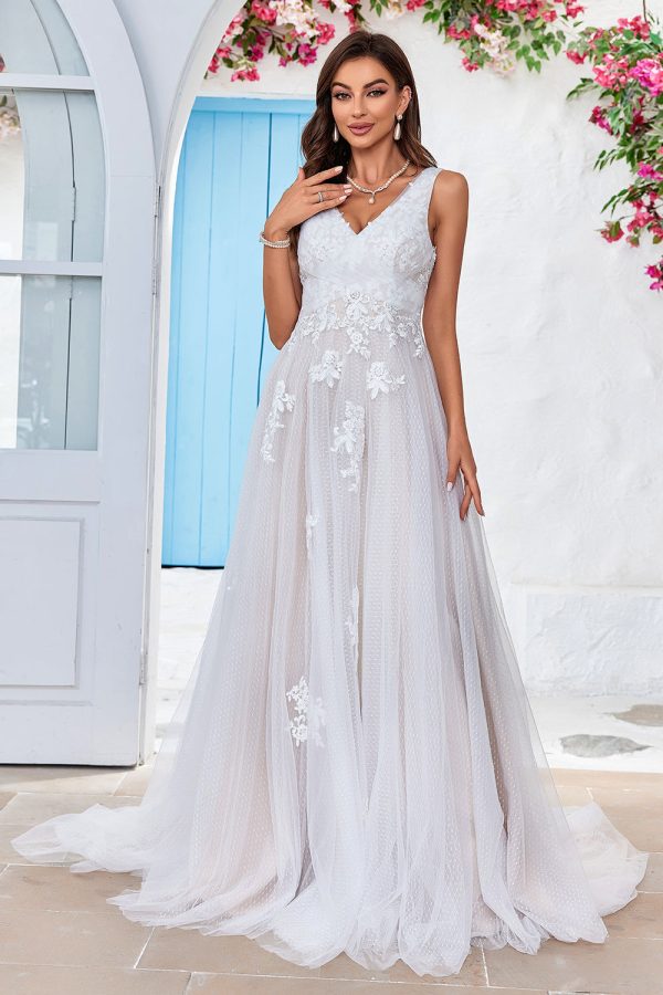 Apricot Tulle Sweep Train A Line Wedding Dress with Lace on Sale