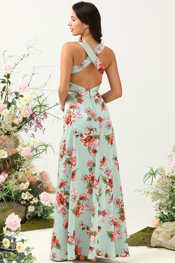 A Line Deep V Neck Green Printed Long Bridesmaid Dress Online Sale