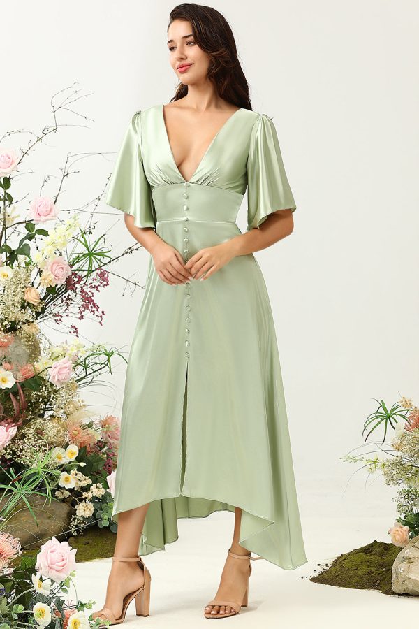 A Line Deep V Neck Light Green Wedding Guest Dress with Half Sleeves Online now