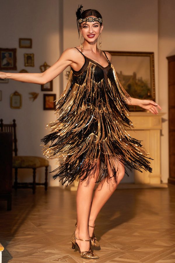 Spaghetti Straps Black Golden 1920s Dress with Fringes For Sale