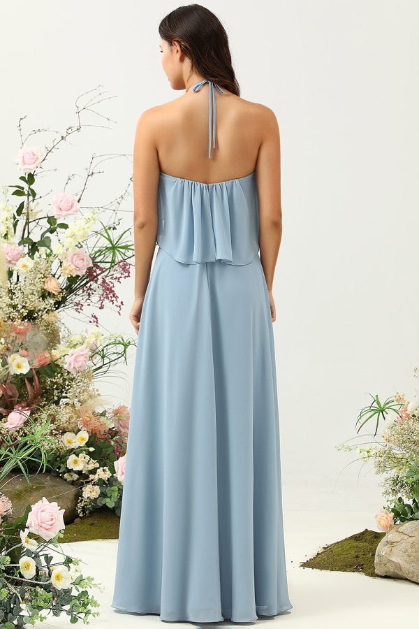 A Line Halter Neck Blue Long Bridesmaid Dress For Cheap