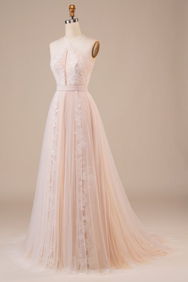 Tulle Halter Keyhole Champagne Wedding Dress with Appliques Fashion