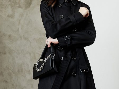 Black Double Breasted Lapel Long Trench Coat with Belt For Sale