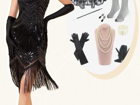 Spaghetti Straps Sequin Fringes Flapper Dress with 1920s Accessories Set Fashion