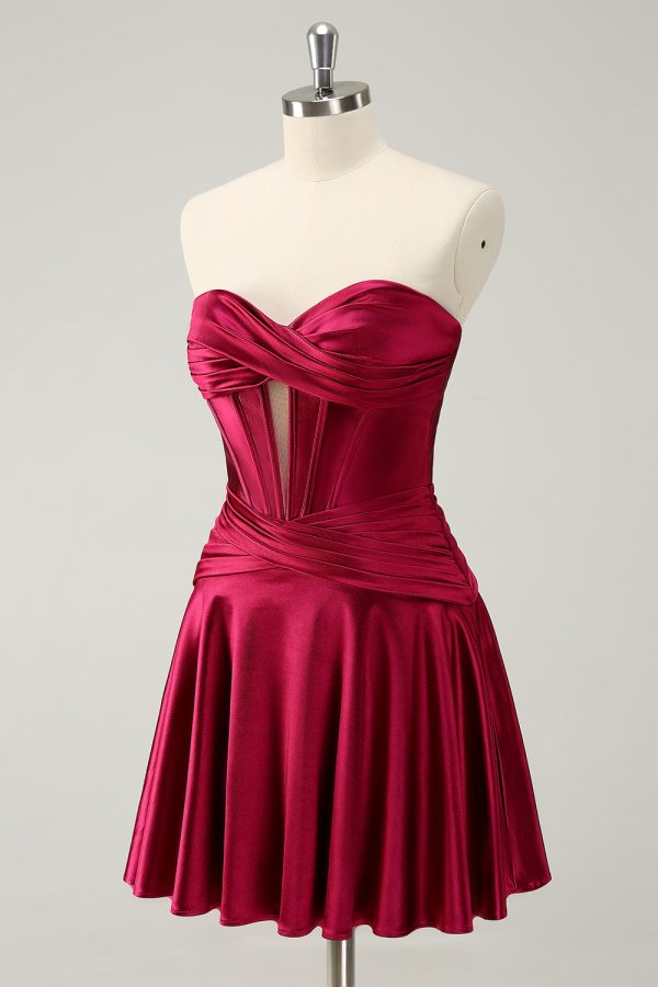 Burgundy A Line Sweetheart Strapless Keyhole Satin Homecoming Dress Hot on Sale