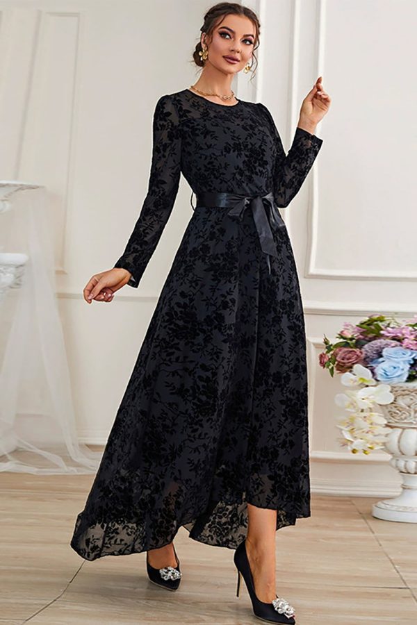 A-Line Long Sleeves Lace Black Formal Dress with Sash Hot on Sale