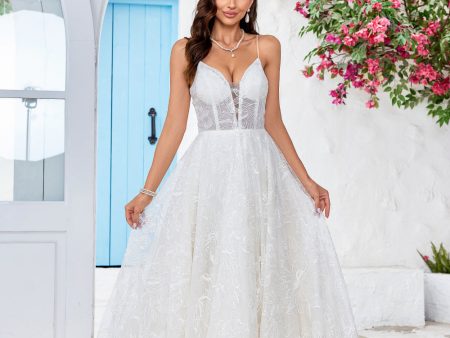 Charming A Line Spaghetti Straps Apricot Long Wedding Dress with Sweep Train Sale