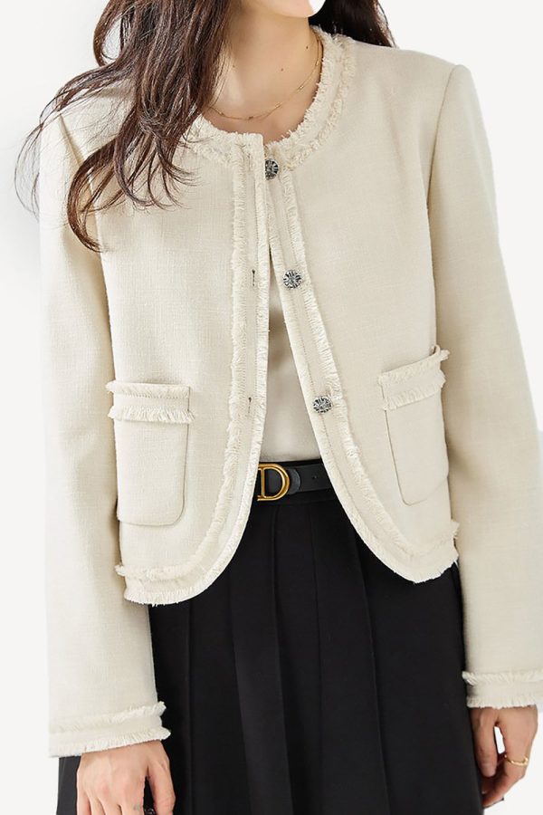 OffWhite Tweed Cropped Fringed Women Jacket For Cheap