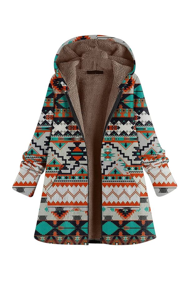 Navy Fleece Hooded Long Sleeves Printed Women Christmas Coat For Discount