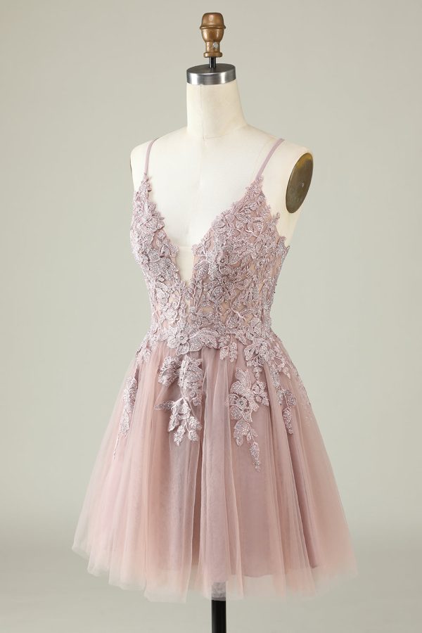 A Line Spaghetti Straps Blush Short Homecoming Dress with Appliques Supply