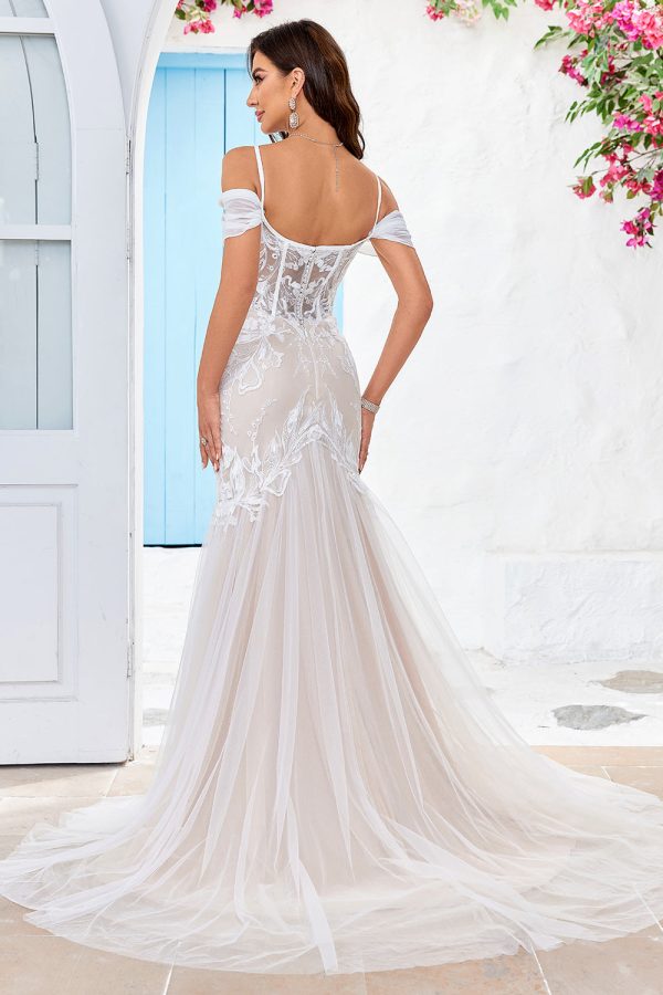 Cold Shoulder Tulle Corset Mermaid Wedding Dress with Appliques For Cheap