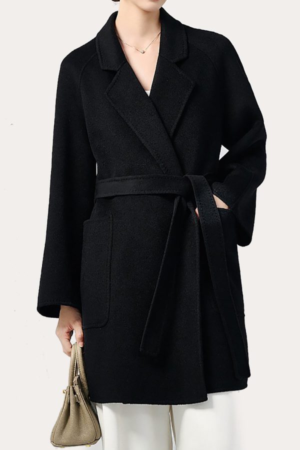 Black Notched Lapel Midi Women Wool Coat with Belt For Sale