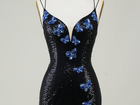 Black Glitter Tight Homecoming Dress with Sequins Butterflies Sale