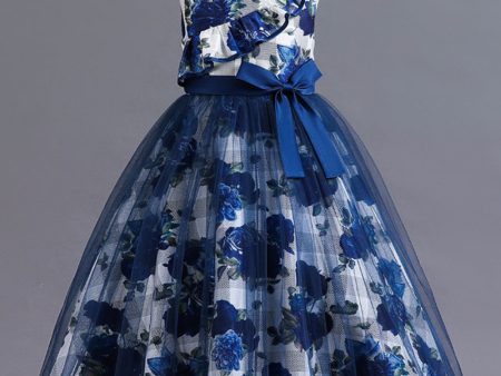 Blue Flower Tulle Long Girls  Dress With Ruffles Online Hot Sale