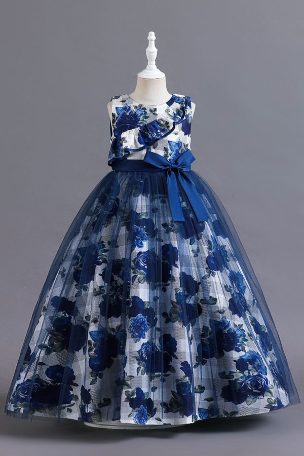 Blue Flower Tulle Long Girls  Dress With Ruffles Online Hot Sale