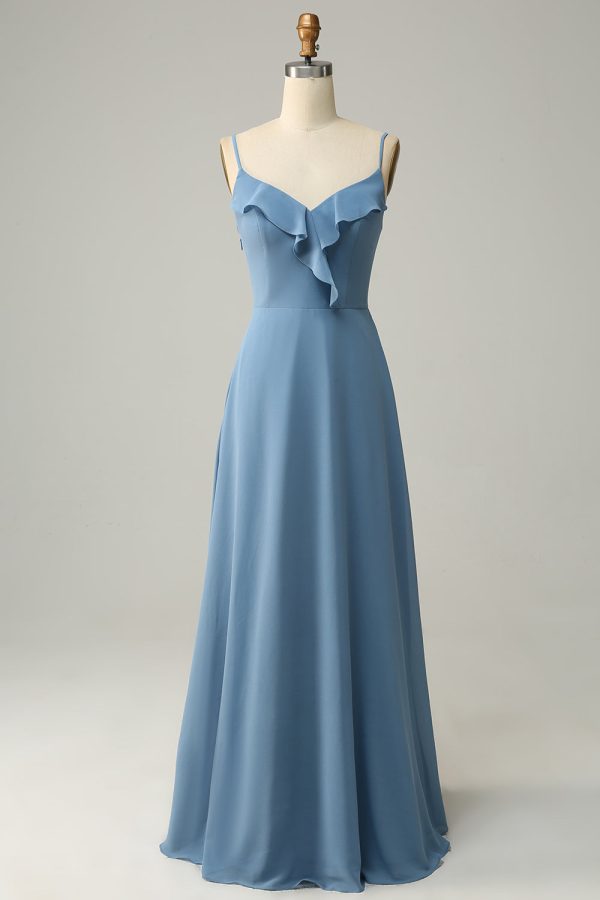 A Line Spaghetti Straps Grey Blue Long Bridesmaid Dress with Ruffles Fashion