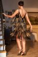 Spaghetti Straps Black Golden 1920s Dress with Fringes For Sale