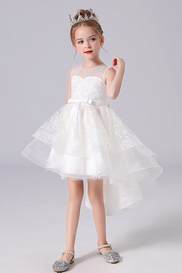 White High-low Flower Girl Dress with Bow Discount