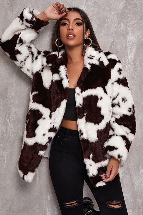 White Cow Pattern Midi Faux Fur Shearling Coat on Sale