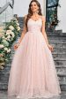 Sparkly Pink A Line Spaghetti Straps Long Prom Dress With Appliques Online Sale