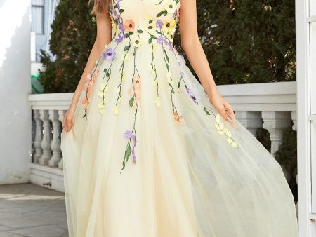 A Line Champagne Spaghetti Straps Prom Dress With 3D Flowers Sale