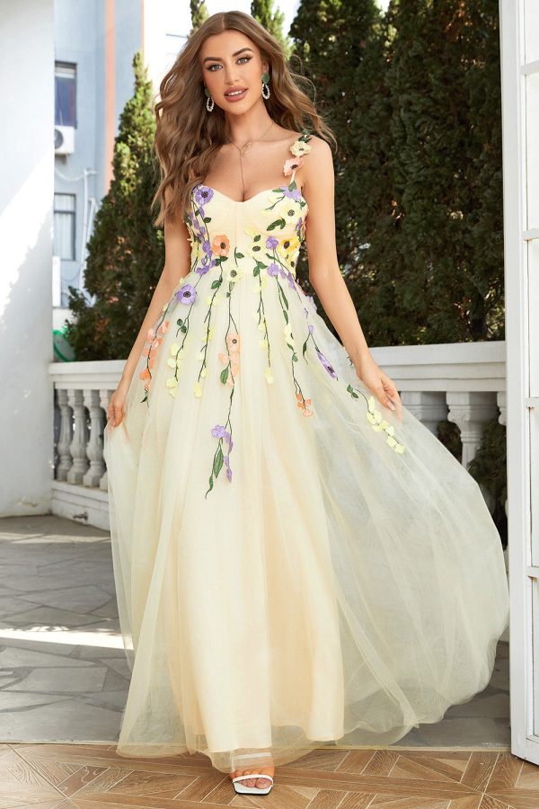 A Line Champagne Spaghetti Straps Prom Dress With 3D Flowers Sale