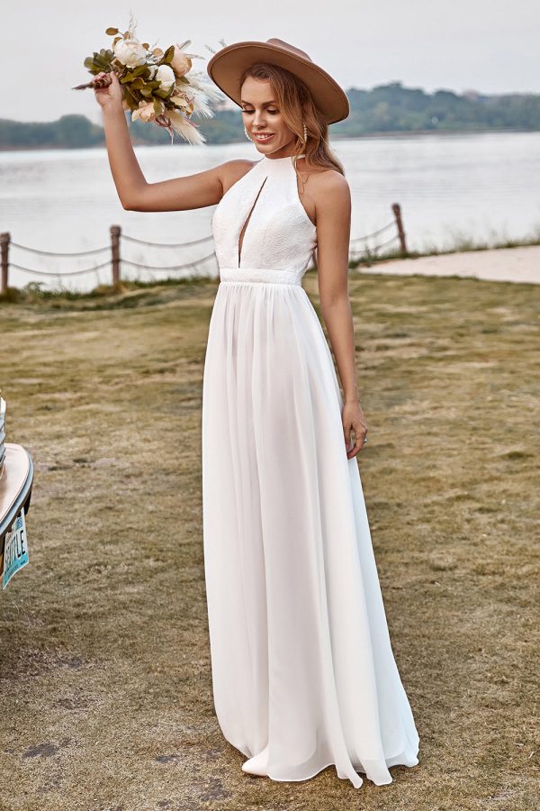 Ivory Lace Chiffon Halter Boho Wedding Dress With Slit For Sale