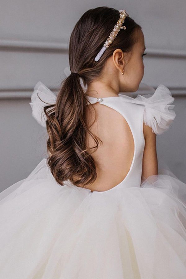 A-Line Tulle Open Back Light Yellow Flower Girl Dress on Sale