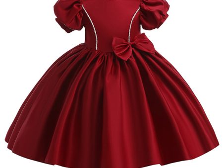 Burgundy Satin Girl Dress with Bow Cheap