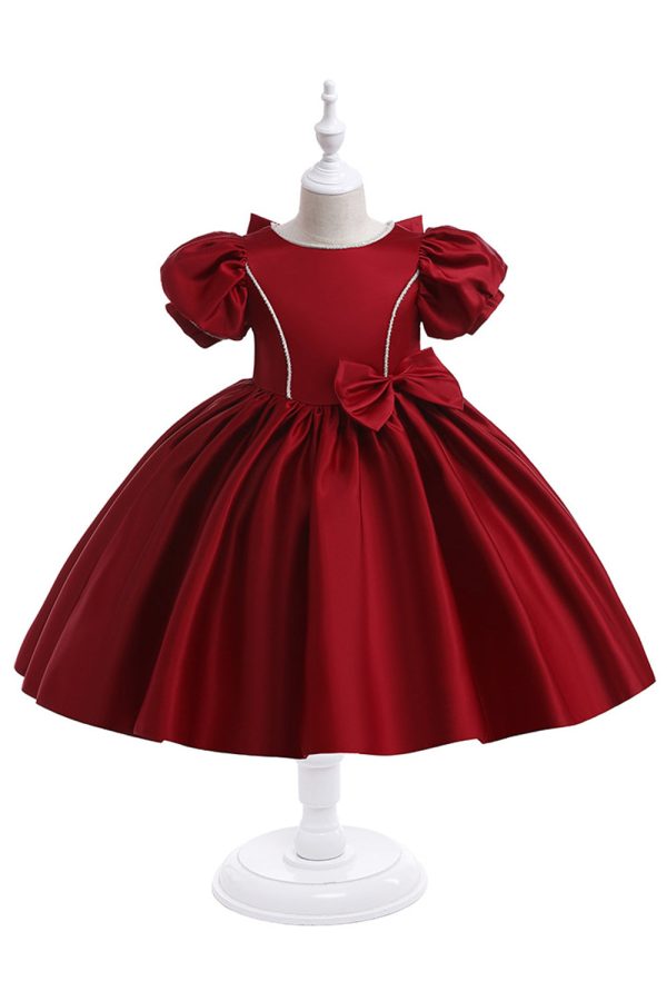 Burgundy Satin Girl Dress with Bow Cheap