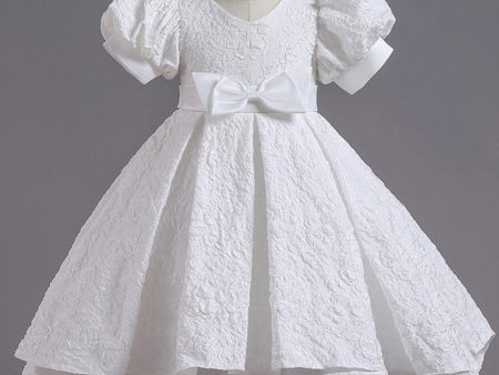 White A Line Girls  Dress With Bow For Cheap