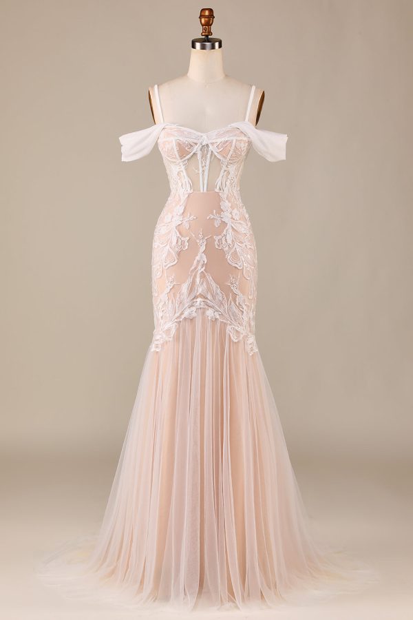 Champagne Mermaid Long Wedding Dress with Lace Hot on Sale